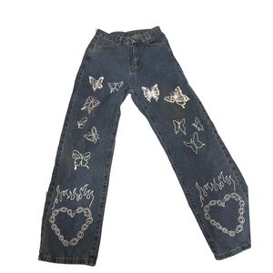 Y2K Butterfly Flame Heart Graphic Jeans – Wide Leg Statement Denim